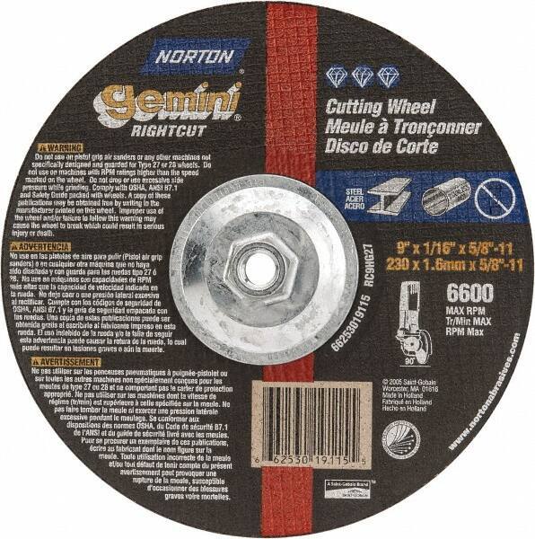 Norton - 9" Wheel Diam, 1/16" Wheel Thickness, Type 27 Depressed Center Wheel - Aluminum Oxide, 6,600 Max RPM, Compatible with Angle Grinder - Eagle Tool & Supply