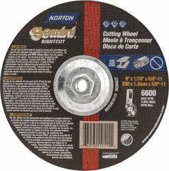 Norton - 9" Wheel Diam, 1/16" Wheel Thickness, Type 27 Depressed Center Wheel - Aluminum Oxide, 6,600 Max RPM, Compatible with Angle Grinder - Eagle Tool & Supply