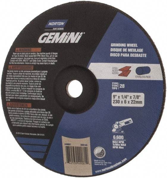 Norton - 24 Grit, 9" Wheel Diam, 1/4" Wheel Thickness, 7/8" Arbor Hole, Type 28 Depressed Center Wheel - Aluminum Oxide, 6,600 Max RPM, Compatible with Angle Grinder - Eagle Tool & Supply