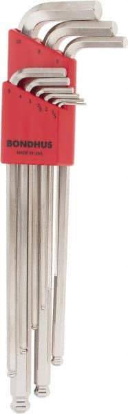 Bondhus - 9 Piece L-Key Ball End Hex Key Set - Hex Range 1.5 to 10mm, 11" OAL, Protanium High Torque Steel - Eagle Tool & Supply