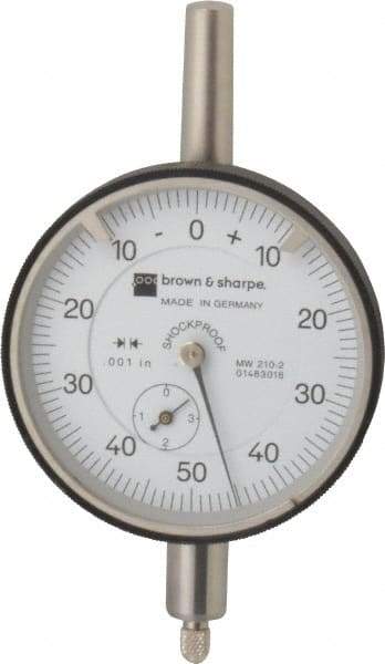 TESA Brown & Sharpe - 0.35" Range, 0-50-0 Dial Reading, 0.001" Graduation Dial Drop Indicator - 2-1/4" Dial, 0.1" Range per Revolution, Revolution Counter - Eagle Tool & Supply