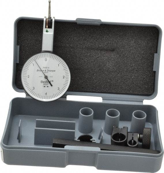 TESA Brown & Sharpe - 0.008 Inch Range, 0.0001 Inch Dial Graduation, Horizontal Dial Test Indicator - 1-1/2 Inch White Dial, 0-4-0 Dial Reading, Accurate to 0.0001 Inch - Eagle Tool & Supply
