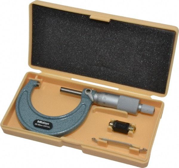 Mitutoyo - 25 to 50mm Range, 0.01mm Graduation, Mechanical Outside Micrometer - Ratchet Stop Thimble, Accurate to 0.0001" - Eagle Tool & Supply