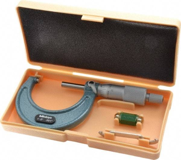 Mitutoyo - 1 to 2" Range, 0.001" Graduation, Mechanical Outside Micrometer - Ratchet Stop Thimble, Accurate to 0.0001" - Eagle Tool & Supply