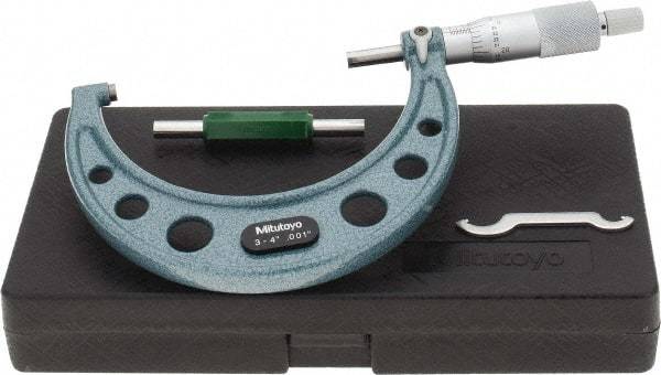 Mitutoyo - 3 to 4" Range, 0.001" Graduation, Mechanical Outside Micrometer - Ratchet Stop Thimble, Accurate to 0.00015" - Eagle Tool & Supply