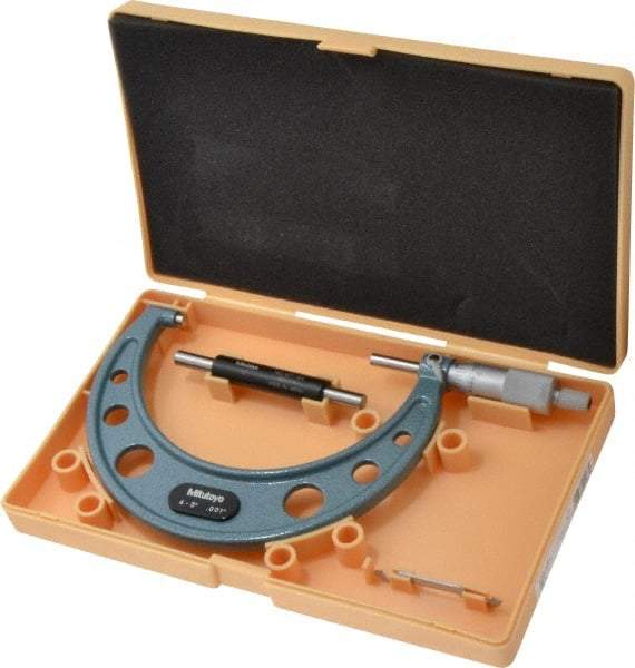 Mitutoyo - 4 to 5" Range, 0.001" Graduation, Mechanical Outside Micrometer - Ratchet Stop Thimble, Accurate to 0.00015" - Eagle Tool & Supply