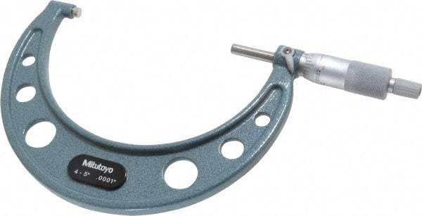 Mitutoyo - 4 to 5" Range, 0.0001" Graduation, Mechanical Outside Micrometer - Ratchet Stop Thimble, Accurate to 0.00015" - Eagle Tool & Supply