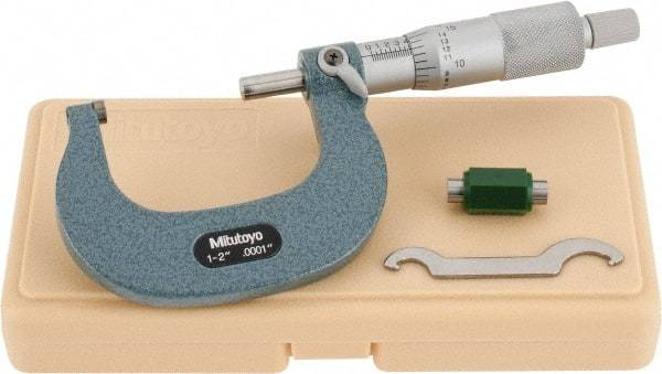 Mitutoyo - 1 to 2" Range, 0.0001" Graduation, Mechanical Outside Micrometer - Ratchet Stop Thimble, Accurate to 0.0001" - Eagle Tool & Supply