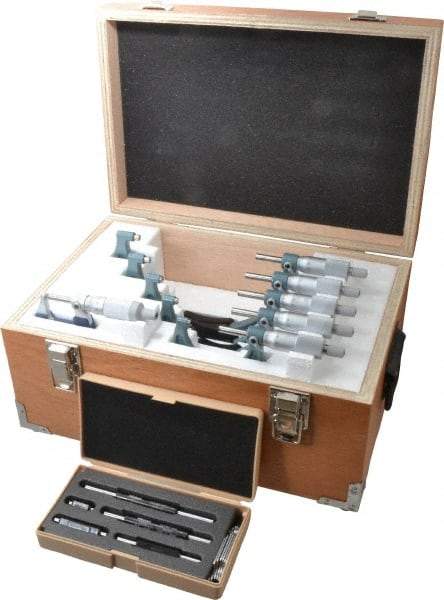 Mitutoyo - 0 to 150mm Range, 6 Piece Mechanical Outside Micrometer Set - 0.01mm Graduation, 2 (0 to 75), 3 (75 to 15)µ Accuracy, Ratchet (0 to 25mm), Ratchet Stop (25 to 150mm) Thimble, Carbide Tipped Face - Eagle Tool & Supply