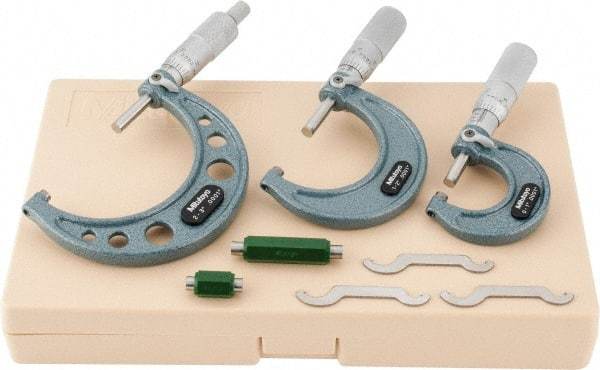 Mitutoyo - 0 to 3" Range, 3 Piece Mechanical Outside Micrometer Set - 0.0001" Graduation, 0.0001" Accuracy, Friction Thimble, Carbide Tipped Face - Eagle Tool & Supply