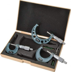 Mitutoyo - 0 to 3" Range, 3 Piece Mechanical Outside Micrometer Set - 0.001" Graduation, 0.0001" Accuracy, Ratchet Stop Thimble, Carbide Tipped Face - Eagle Tool & Supply