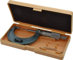 Mitutoyo - 1 Inch, 38mm Throat Depth, Mechanical Spline Micrometer - Accurate Up to 0.00015 Inch, 0.0001 Inch Graduation, 1/4 Inch Spindle Diameter, 18mm Head Diameter, Ratchet Stop Thimble - Eagle Tool & Supply