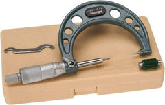 Mitutoyo - 1 to 2 Inch, 49mm Throat Depth, Ratchet Stop, Mechanical Point Micrometer - Accurate Up to 0.00015 Inch, 0.001 Inch Graduation, 0.5039 Inch Point Length, 15° Point Angle, 18mm Head Diameter, 6.35mm Spindle Diameter - Eagle Tool & Supply
