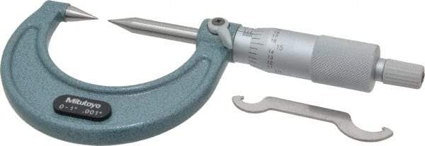 Mitutoyo - 1 Inch, 38mm Throat Depth, Ratchet Stop, Mechanical Point Micrometer - Accurate Up to 0.00015 Inch, 0.001 Inch Graduation, 0.5039 Inch Point Length, 30° Point Angle, 18mm Head Diameter, 6.35mm Spindle Diameter - Eagle Tool & Supply