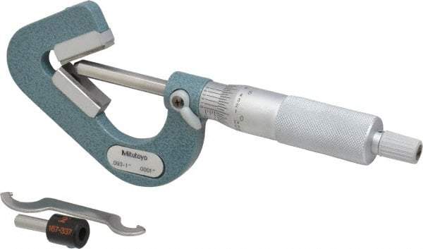 Mitutoyo - 0.09 to 1 Inch Measurement, 0.0001 Inch Graduation, Accuracy Up to 0.0002 Inch, 3 Flutes Measured, Ratchet Stop Thimble, Mechanical V Anvil Micrometer - Satin Chrome Finish, Carbide - Eagle Tool & Supply