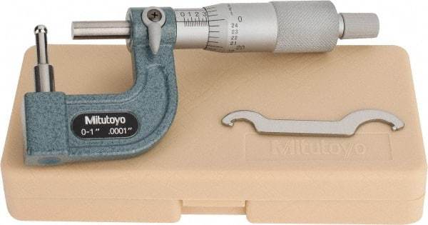 Mitutoyo - 1 Inch Measurement Range, 0.0001 Inch Graduation, Barrel Anvil, Ratchet Stop Thimble, Mechanical Tube Micrometer - Accurate Up to 0.0002 Inch, Carbide, Includes Plastic Case - Eagle Tool & Supply