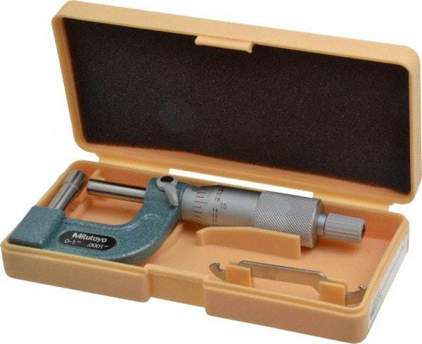 Mitutoyo - 1 Inch Measurement Range, 0.0001 Inch Graduation, Barrel Anvil, Ratchet Stop Thimble, Mechanical Tube Micrometer - Accurate Up to 0.0002 Inch, Carbide, Includes Plastic Case - Eagle Tool & Supply