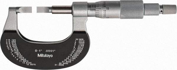 Mitutoyo - 0" to 1" Mechanical Satin Chrome Coated with Thermal Shield Blade Micrometer - 0.0002" Accuracy, 0.0001" Graduation, 0.75mm Blade Thickness, Ratchet Stop Thimble - Eagle Tool & Supply