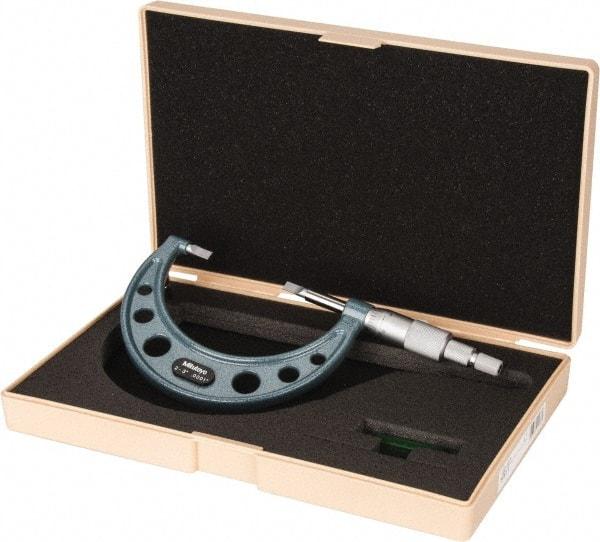 Mitutoyo - 2" to 3" Mechanical Hammertone Green Coated Blade Micrometer - 0.0002" Accuracy, 0.0001" Graduation, 0.75mm Blade Thickness, Ratchet Stop Thimble - Eagle Tool & Supply