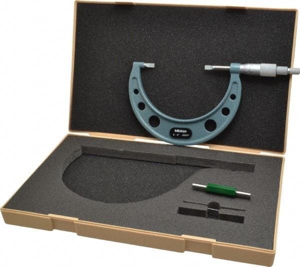 Mitutoyo - 3" to 4" Mechanical Hammertone Green Coated Blade Micrometer - 0.0002" Accuracy, 0.0001" Graduation, 0.75mm Blade Thickness, Ratchet Stop Thimble - Eagle Tool & Supply
