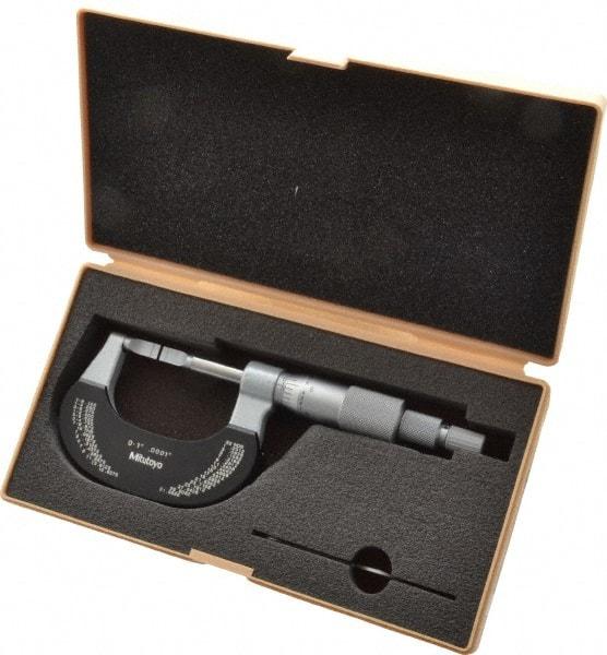 Mitutoyo - 0" to 1" Mechanical Baked Enamel Coated Blade Micrometer - 0.0002" Accuracy, 0.0001" Graduation, 0.4mm Blade Thickness, Ratchet Stop Thimble - Eagle Tool & Supply