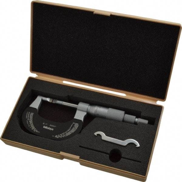 Mitutoyo - 0" to 1" Mechanical Baked Enamel Coated Blade Micrometer - 0.0002" Accuracy, 0.0001" Graduation, 0.4mm Blade Thickness, Ratchet Stop Thimble - Eagle Tool & Supply