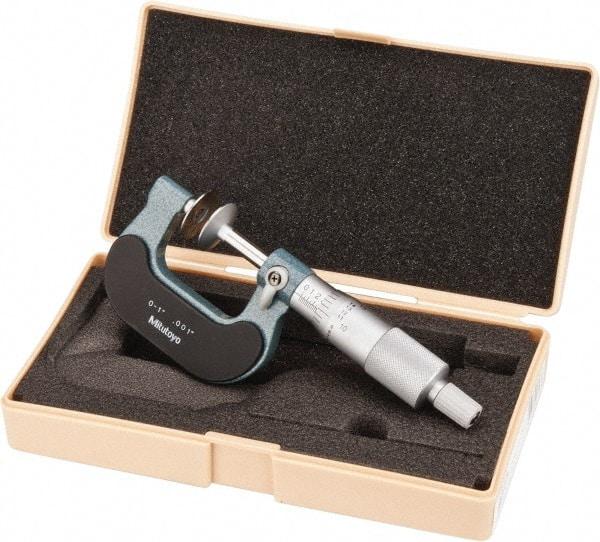 Mitutoyo - 0 to 1 Inch, 0.001 Inch Graduation, Ratchet Stop Thimble, Mechanical Disc Micrometer - 0.0002 Inch Accuracy, 20mm Disc, 6.35mm Spindle - Eagle Tool & Supply