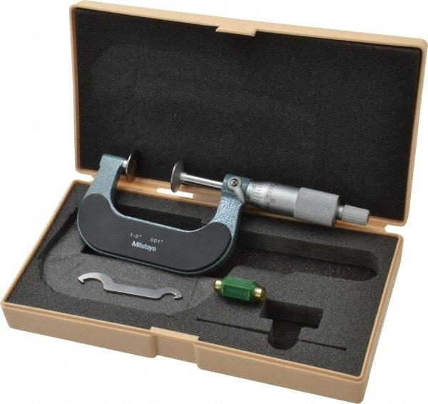 Mitutoyo - 1 to 2 Inch, 0.001 Inch Graduation, Ratchet Stop Thimble, Mechanical Disc Micrometer - 0.0002 Inch Accuracy, 20mm Disc, 6.35mm Spindle - Eagle Tool & Supply