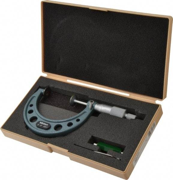 Mitutoyo - 2 to 3 Inch, 0.001 Inch Graduation, Ratchet Stop Thimble, Mechanical Disc Micrometer - 0.0003 Inch Accuracy, 20mm Disc, 6.35mm Spindle - Eagle Tool & Supply