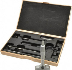 Mitutoyo - 0 to 100mm Range, 4 Rod, Satin Chrome Finish Mechanical Depth Micrometer - Ratchet Stop Thimble, 63.5mm Base Length, 0.01mm Graduation, 4mm Rod Diam - Eagle Tool & Supply