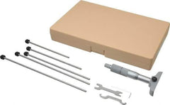 Mitutoyo - 0 to 150mm Range, 6 Rod, Satin Chrome Finish Mechanical Depth Micrometer - Ratchet Stop Thimble, 63.5mm Base Length, 0.01mm Graduation, 4mm Rod Diam - Eagle Tool & Supply