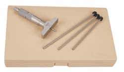 Mitutoyo - 0 to 100mm Range, 4 Rod, Satin Chrome Finish Mechanical Depth Micrometer - Ratchet Stop Thimble, 101.6mm Base Length, 0.01mm Graduation, 4mm Rod Diam - Eagle Tool & Supply