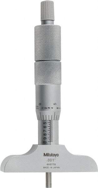Mitutoyo - 0 to 4" Range, 4 Rod, Satin Chrome Finish Mechanical Depth Micrometer - Ratchet Stop Thimble, 2-1/2" Base Length, 0.01mm Graduation, 4mm Rod Diam - Eagle Tool & Supply