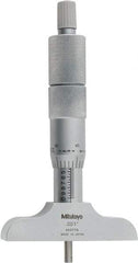 Mitutoyo - 0 to 4" Range, 4 Rod, Satin Chrome Finish Mechanical Depth Micrometer - Ratchet Stop Thimble, 2-1/2" Base Length, 0.01mm Graduation, 4mm Rod Diam - Eagle Tool & Supply