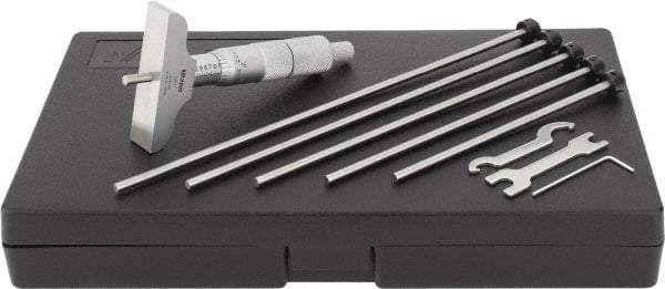 Mitutoyo - 0 to 6" Range, 6 Rod, Satin Chrome Finish Mechanical Depth Micrometer - Ratchet Stop Thimble, 2-1/2" Base Length, 0.01mm Graduation, 4mm Rod Diam - Eagle Tool & Supply