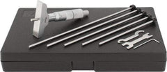 Mitutoyo - 0 to 6" Range, 6 Rod, Satin Chrome Finish Mechanical Depth Micrometer - Ratchet Stop Thimble, 2-1/2" Base Length, 0.01mm Graduation, 4mm Rod Diam - Eagle Tool & Supply