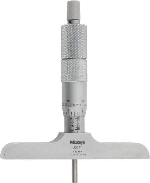Mitutoyo - 0 to 4" Range, 4 Rod, Satin Chrome Finish Mechanical Depth Micrometer - Ratchet Stop Thimble, 4" Base Length, 0.01mm Graduation, 4mm Rod Diam - Eagle Tool & Supply