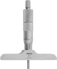 Mitutoyo - 0 to 4" Range, 4 Rod, Satin Chrome Finish Mechanical Depth Micrometer - Ratchet Stop Thimble, 4" Base Length, 0.01mm Graduation, 4mm Rod Diam - Eagle Tool & Supply