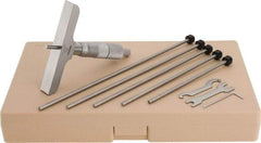 Mitutoyo - 0 to 6" Range, 6 Rod, Satin Chrome Finish Mechanical Depth Micrometer - Ratchet Stop Thimble, 4" Base Length, 0.01mm Graduation, 4mm Rod Diam - Eagle Tool & Supply
