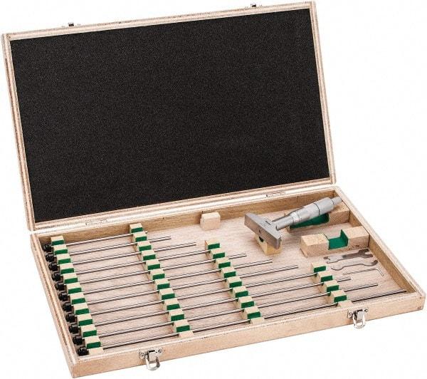 Mitutoyo - 0 to 12" Range, 12 Rod, Satin Chrome Finish Mechanical Depth Micrometer - Ratchet Stop Thimble, 2-1/2" Base Length, 0.01mm Graduation, 4mm Rod Diam - Eagle Tool & Supply