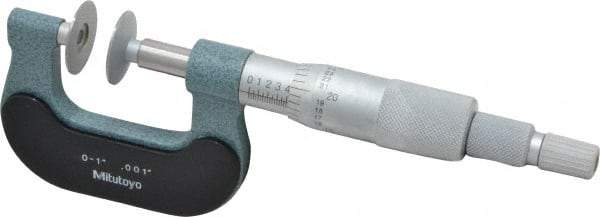 Mitutoyo - 0 to 1 Inch, 0.001 Inch Graduation, Ratchet Stop Thimble, Mechanical Disc Micrometer - 0.0002 Inch Accuracy, 0.7874 Inch Disc, 8mm Spindle, 0.0001 Inch Resolution - Eagle Tool & Supply