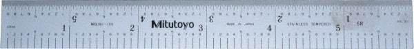 Mitutoyo - 6" Long, 1/100, 1/64, 1/32, 1/10" Graduation, Rigid Stainless Steel Rule - 5R Graduation Style, 3/4" Wide, Silver, Satin Chrome Finish - Eagle Tool & Supply