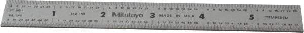Mitutoyo - 6" Long, 1/64, 1/32" and 0.5, 1mm Graduation, Rigid Stainless Steel Rule - English/Metric Graduation Style, 3/4" Wide, Silver, Satin Chrome Finish - Eagle Tool & Supply
