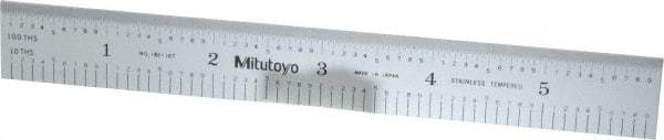 Mitutoyo - 6" Long, 1/100, 1/10" and 0.5, 1mm Graduation, Rigid Stainless Steel Rule - Decimal/Metric Graduation Style, 3/4" Wide, Silver, Satin Chrome Finish - Eagle Tool & Supply