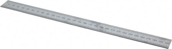 Mitutoyo - 12" Long, 1/64, 1/32" and 0.5, 1mm Graduation, Rigid Stainless Steel Rule - English/Metric Graduation Style, 1" Wide, Silver, Satin Chrome Finish - Eagle Tool & Supply