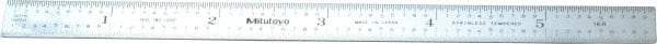 Mitutoyo - 6" Long, 1/100, 1/64, 1/50, 1/32" Graduation, Flexible Stainless Steel Rule - 16R Graduation Style, 1/2" Wide, Silver, Satin Chrome Finish - Eagle Tool & Supply