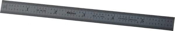 Mitutoyo - 6" Long, 1/100, 1/50" and 0.5, 1mm Graduation, Flexible Stainless Steel Rule - Decimal/Metric Graduation Style, 1/2" Wide, Silver, Satin Chrome Finish - Eagle Tool & Supply