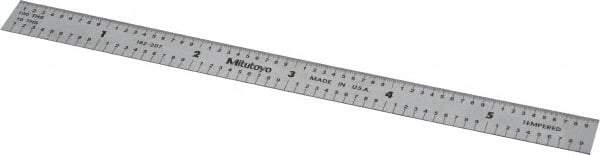 Mitutoyo - 6" Long, 1/100, 1/10" and 0.5, 1mm Graduation, Flexible Stainless Steel Rule - Decimal/Metric Graduation Style, 1/2" Wide, Silver, Satin Chrome Finish - Eagle Tool & Supply