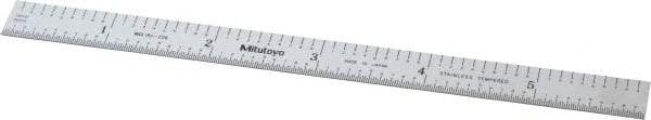 Mitutoyo - 6" Long, 1/50, 1/10" and 0.5, 1mm Graduation, Flexible Stainless Steel Rule - Decimal/Metric Graduation Style, 1/2" Wide, Silver, Satin Chrome Finish - Eagle Tool & Supply