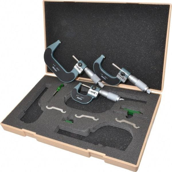 Mitutoyo - 0 to 3" Range, 3 Piece Mechanical Outside Micrometer Set - 0.0001" Graduation, 0.0001" Accuracy, Friction (0 to 2"), Ratchet Stop (2 to 3") Thimble, Carbide Tipped Face - Eagle Tool & Supply
